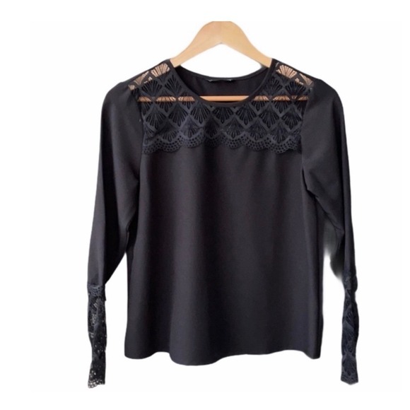 SHEIN Tops - Shein Blouse Top Black Lace Trim Long Sleeve Business Mob Wife Academia Preppy